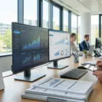 office workers analyze ofccp application volume data dashboards on multiple monitors.