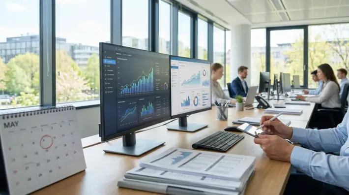office workers analyze ofccp application volume data dashboards on multiple monitors.