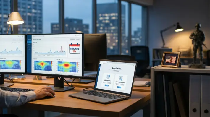 person analyzing memorial day recruitment traffic data on screens, including web traffic and heatmaps, with an american flag nearby.
