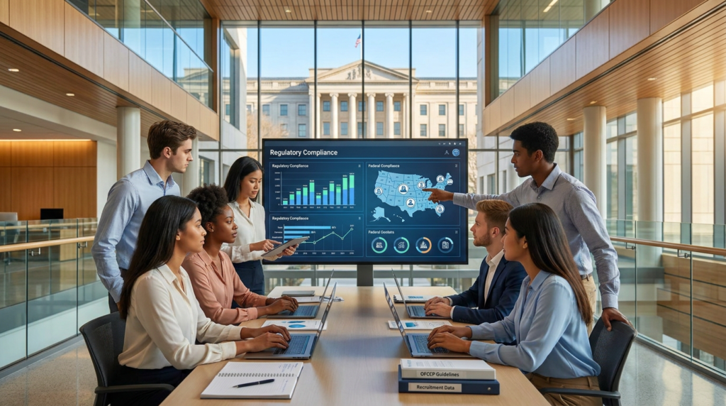 diverse team reviewing federal compliance data, ideal for federal compliance intern recruitment.