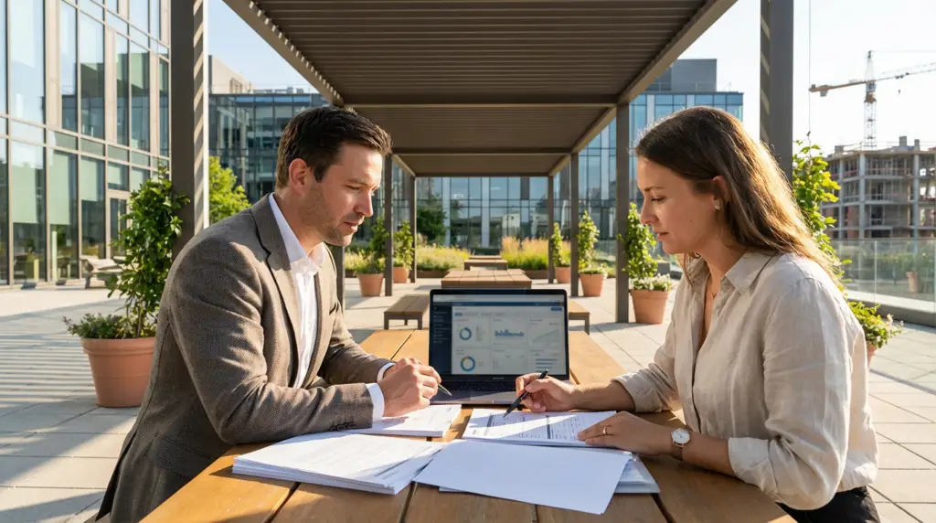 two professionals reviewing documents and a laptop with data on an outdoor patio, ensuring summer staffing ofccp compliance.