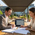 two professionals reviewing documents and a laptop with data on an outdoor patio, ensuring summer staffing ofccp compliance.