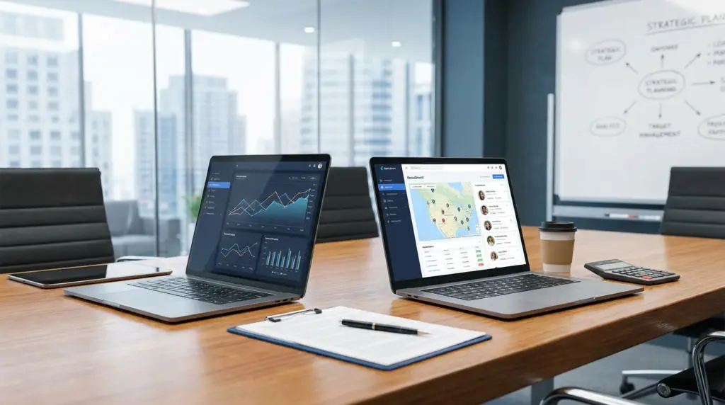 two laptops showing financial charts and a recruitment map for ofccp job distribution budget analysis on a conference table