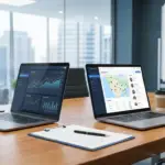 two laptops showing financial charts and a recruitment map for ofccp job distribution budget analysis on a conference table