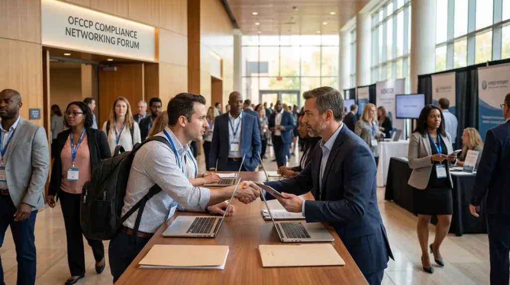two men shaking hands at tables with laptops, amidst an ofccp vendor networking event.