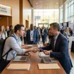 two men shaking hands at tables with laptops, amidst an ofccp vendor networking event.