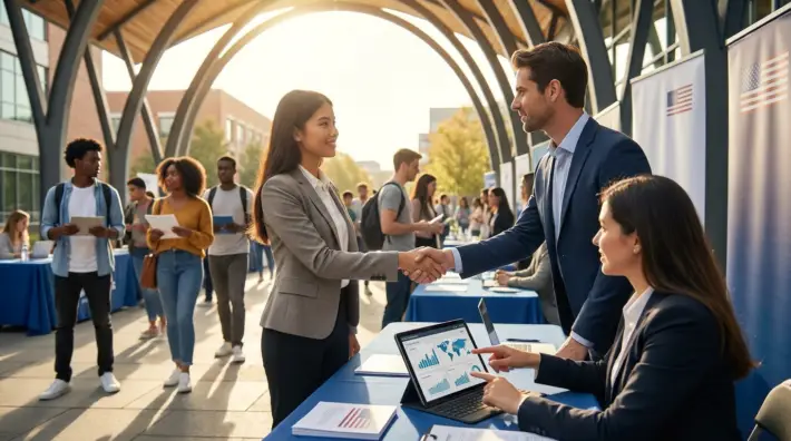 diverse students and recruiters at a career fair, demonstrating ofccp graduate hiring compliance.
