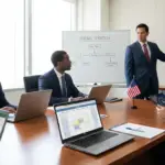 business professionals in a conference room discussing federal contractor hiring plans and strategies.