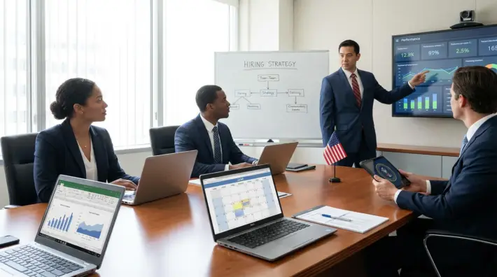 business professionals in a conference room discussing federal contractor hiring plans and strategies.