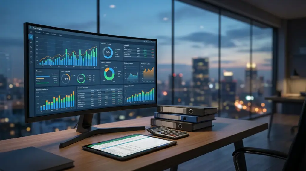 desktop monitor displaying data dashboards for job distribution budget optimization, overlooking a city skyline at dusk.
