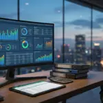 desktop monitor displaying data dashboards for job distribution budget optimization, overlooking a city skyline at dusk.