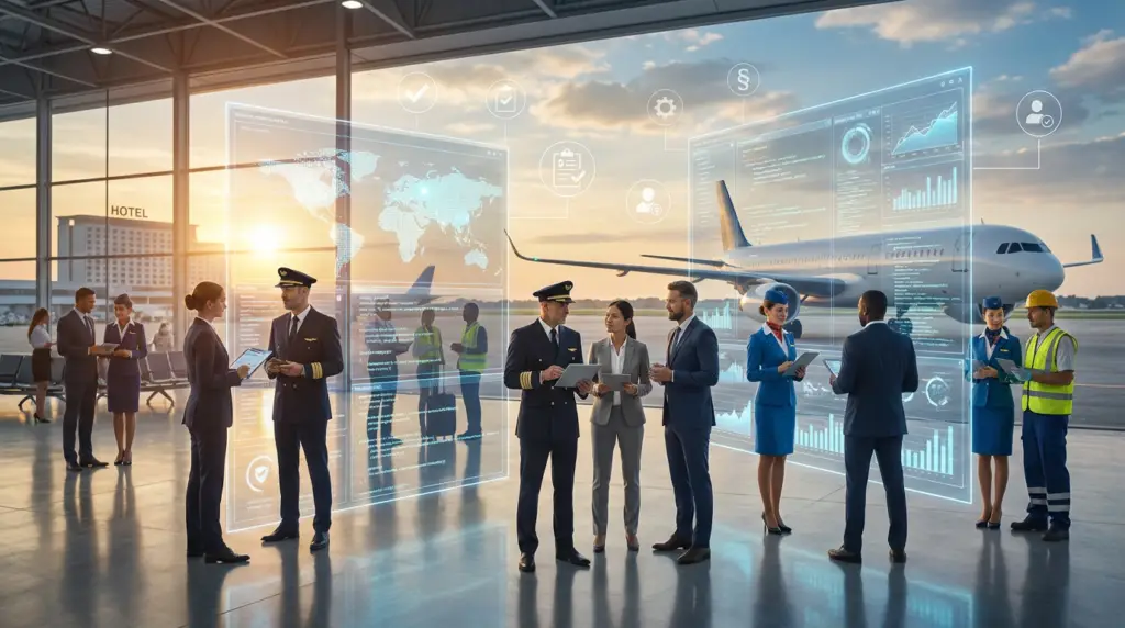 airline professionals discussing data projections related to travel industry hiring trends at an airport.