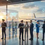 airline professionals discussing data projections related to travel industry hiring trends at an airport.