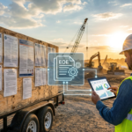construction worker reviewing digital ofccp posting requirements on a tablet at sunset.