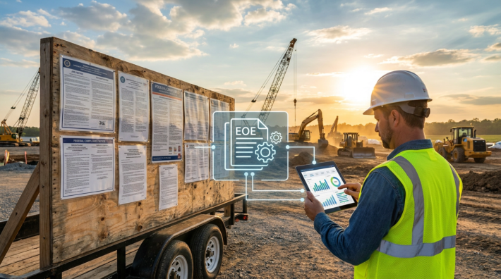 construction worker reviewing digital ofccp posting requirements on a tablet at sunset.