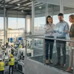 three professionals on an upper walkway viewing holographic data for bulk job posting compliance in a factory.