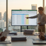 a man pointing at a financial spreadsheet on a large screen during a summer ofccp compliance rules meeting.