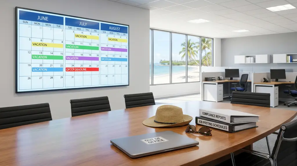 office conference room with large monitor displaying june-august vacation schedules and an "ofccp deadline" for ofccp summer vacation compliance, next to a beach view.