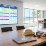 office conference room with large monitor displaying june-august vacation schedules and an "ofccp deadline" for ofccp summer vacation compliance, next to a beach view.