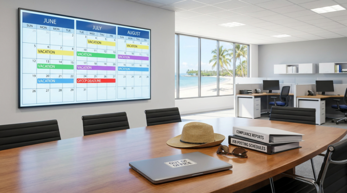 office conference room with large monitor displaying june-august vacation schedules and an "ofccp deadline" for ofccp summer vacation compliance, next to a beach view.