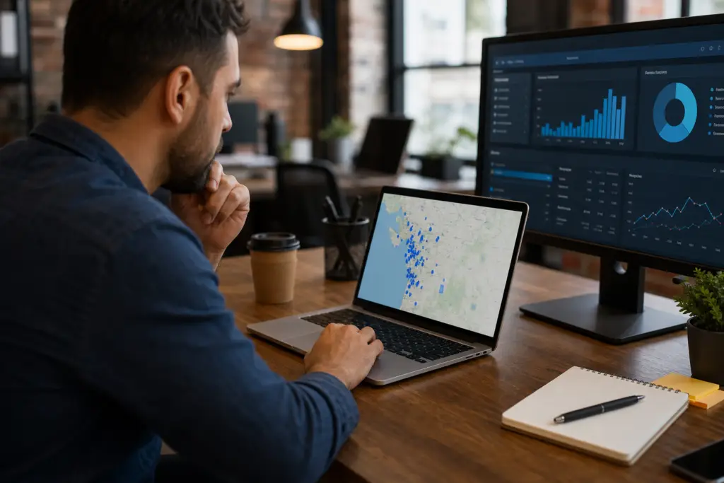 man analyzing a map with blue markers on a laptop, considering craigslist job posting strategy.