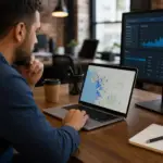 man analyzing a map with blue markers on a laptop, considering craigslist job posting strategy.
