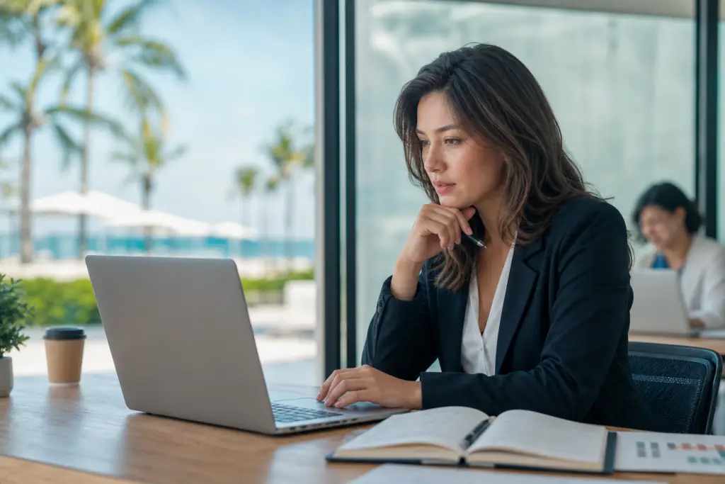 woman brainstorming with laptop, promoting ofccp job visibility in a modern office setup