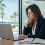 woman brainstorming with laptop, promoting ofccp job visibility in a modern office setup