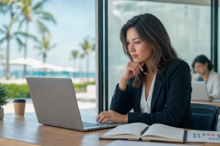 woman brainstorming with laptop, promoting ofccp job visibility in a modern office setup