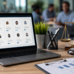 laptop displaying candidate profiles, with a gavel and scales of justice, representing ofccp job posting compliance.