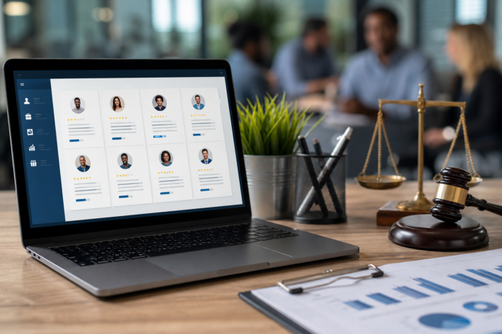laptop displaying candidate profiles, with a gavel and scales of justice, representing ofccp job posting compliance.