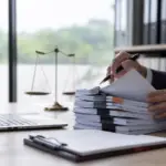 attorney reviewing documents, laptop, and scales of justice for ofccp audit preparation.