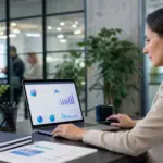 businesswoman analyzing data visualizations on a laptop for ofccp job distribution compliance.