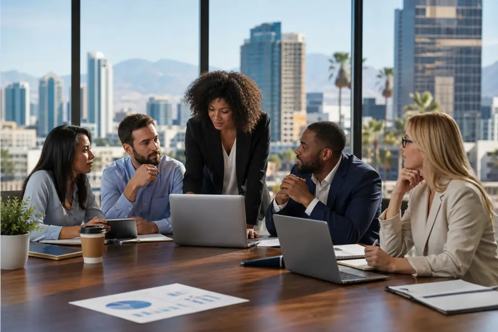 diverse business team working on ofccp compliance local hiring in a modern office.