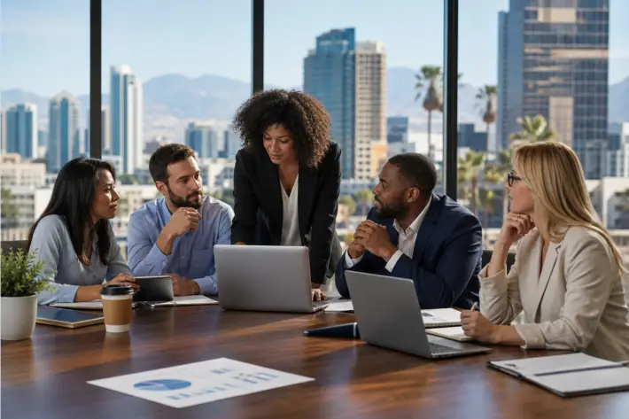 diverse business team working on ofccp compliance local hiring in a modern office.