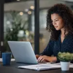 woman with curly hair typing on laptop, reviewing ofccp holiday job postings.