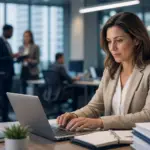 businesswoman typing on a laptop in an office, researching ofccp federal grantees ofccp job posting 2026 federal contractor job requirements.