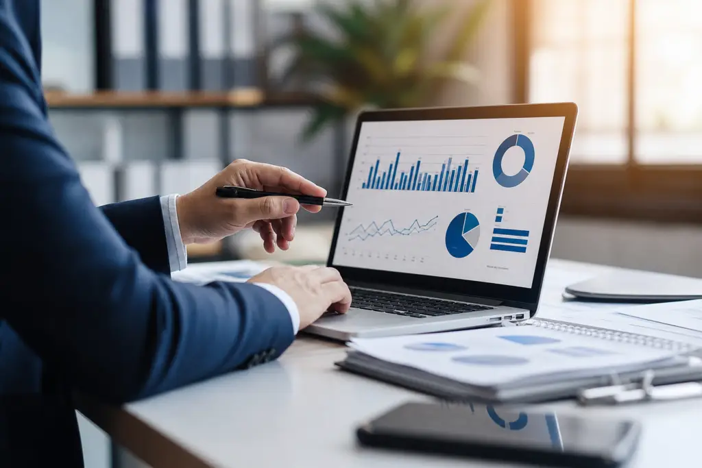 businessperson analyzing data charts on a laptop, demonstrating ofccp compliance best practices