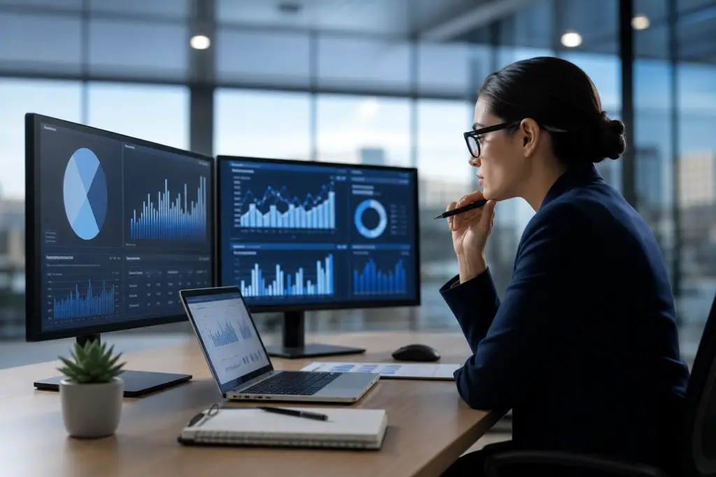 woman analyzing recruiting analytics ofccp data across two monitors and a laptop.