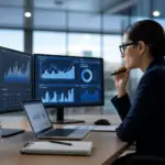 woman analyzing recruiting analytics ofccp data across two monitors and a laptop.