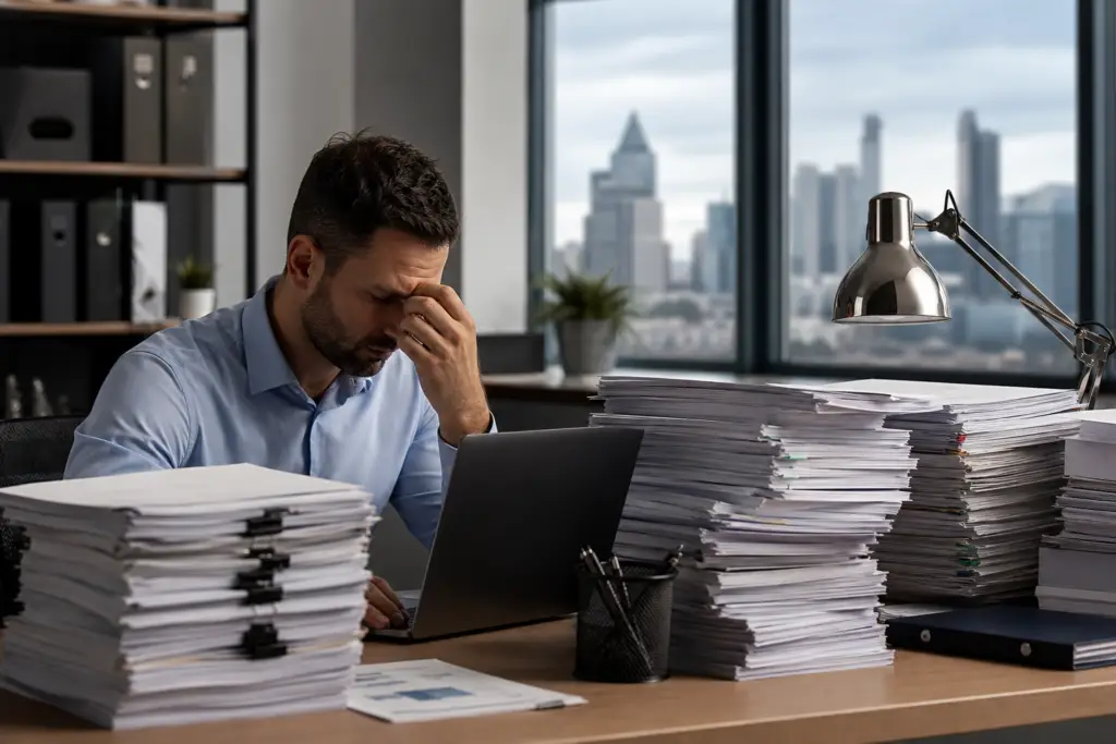 stressed man at desk surrounded by paperwork, struggling with applicant flow log management.