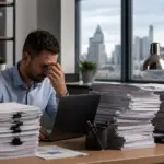 stressed man at desk surrounded by paperwork, struggling with applicant flow log management.