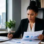 professional woman reviewing documents with charts and graphs for an affirmative action plan review.