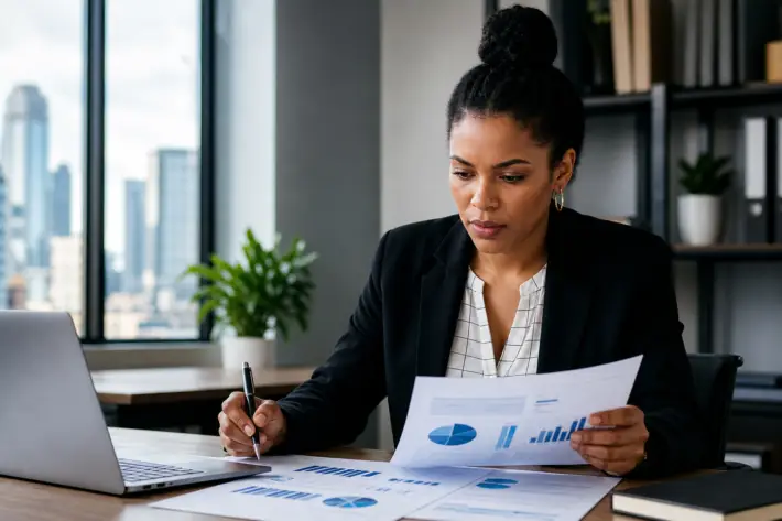 professional woman reviewing documents with charts and graphs for an affirmative action plan review.