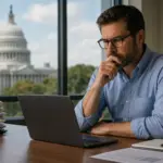 man reviewing documents on laptop for august hiring freeze compliance, capitol building in background.