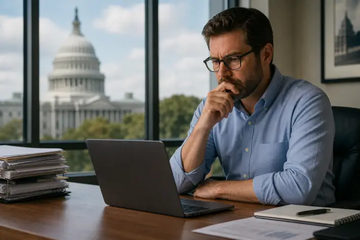 man reviewing documents on laptop for august hiring freeze compliance, capitol building in background.