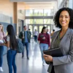 smiling female teacher holding folder in a busy school hallway, promoting back to school staffing solutions.