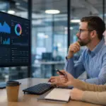 two professionals analyze a screen displaying bulk job posting trends august data.