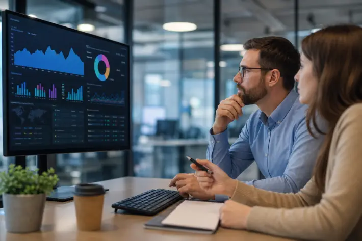 two professionals analyze a screen displaying bulk job posting trends august data.