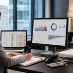 woman using dual monitors displaying charts for automated ofccp compliance tracking